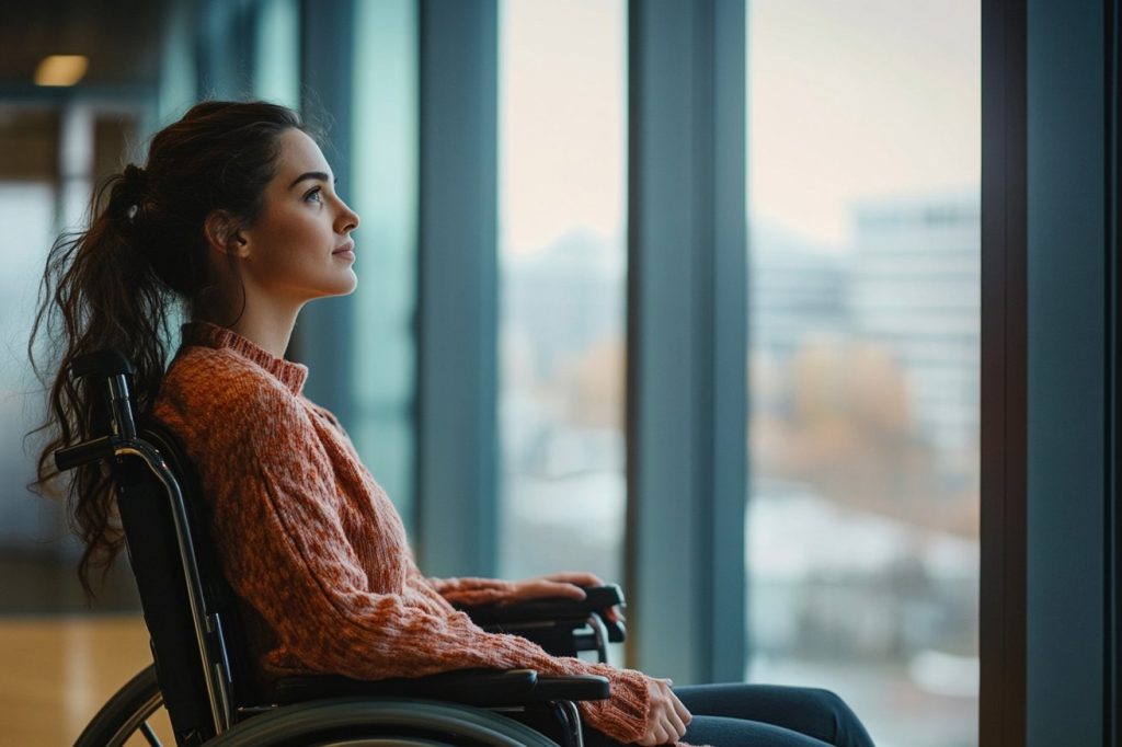 Femme handicapé regardant par la fenêtre